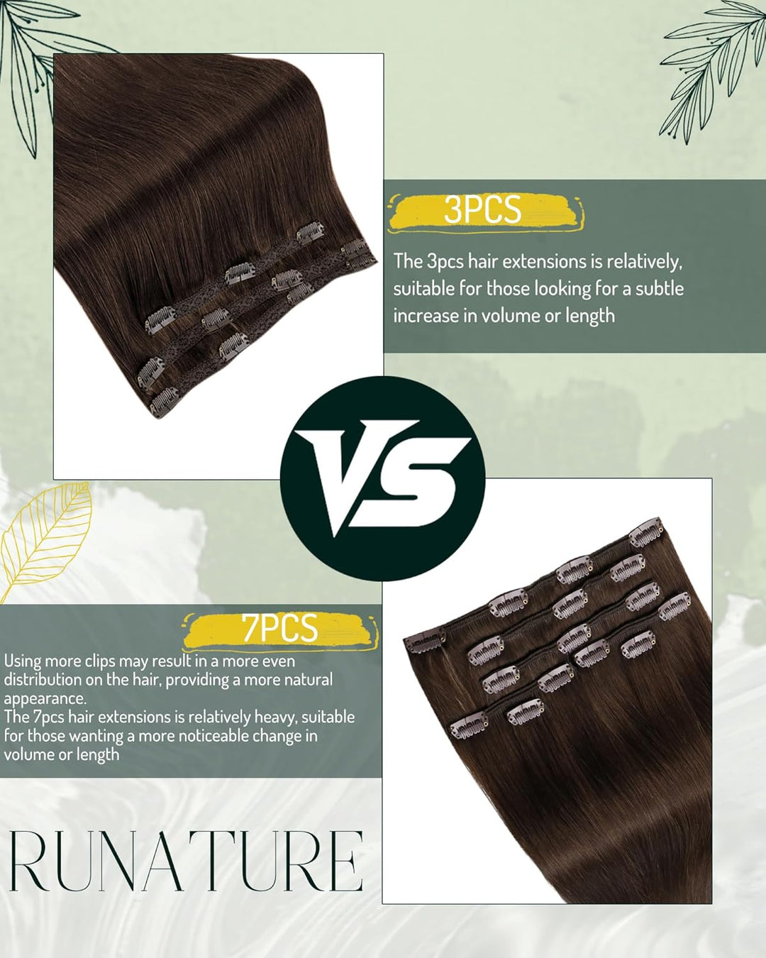 RUNATURE Echthaar Extensions Clip Braun 40cm 3 Stück Clip in Extensions Echthaar Gerade Clip Extensi