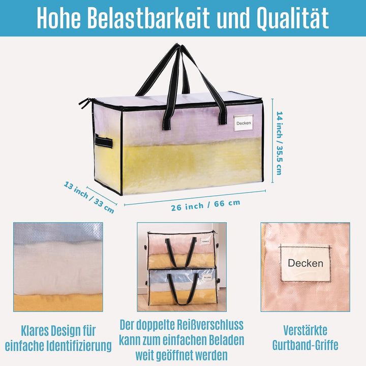 VENO Umzugstaschen 4 Stück Aufbewahrungstasche mit Griffe und Reissverschlüssen, Kleideraufbewahrung