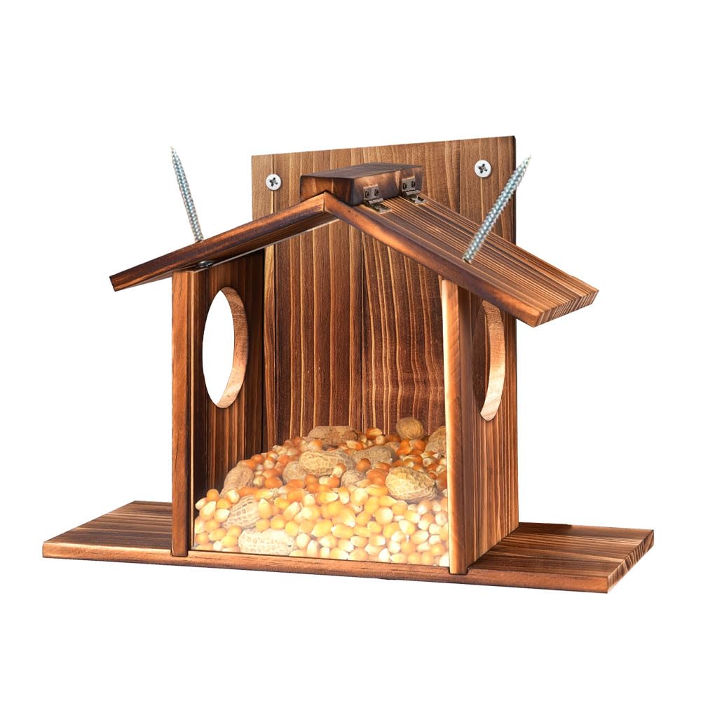 Eichhörnchen Futterhaus mit Sichtfenster & Klappdach - Wetterfeste Futterstation für Nüsse, Mais und