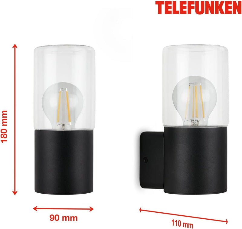 TELEFUNKEN - Aussenlampe IP44, Wandleuchte Aussen, E27 max. 12W, Schwarz, 195x85x110 mm (LxBxH), 320