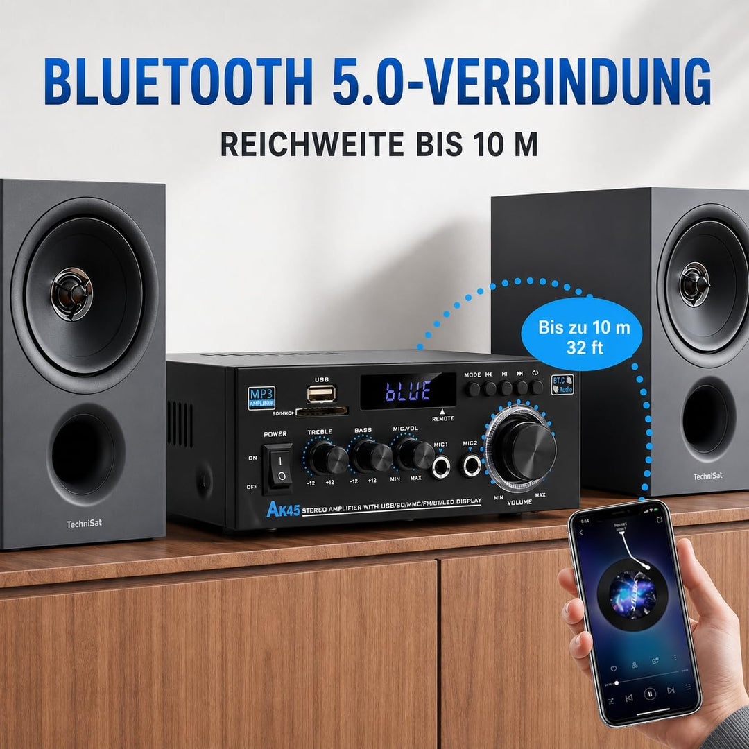 HiFi-Verstärker, Mini Bluetooth Stereo Audio Verstärker Receiver 12V/ 220V 600W 2 Kanäle Endverstärk