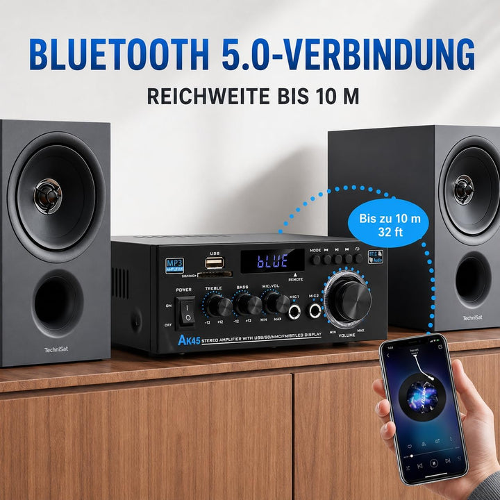 HiFi-Verstärker, Mini Bluetooth Stereo Audio Verstärker Receiver 12V/ 220V 600W 2 Kanäle Endverstärk