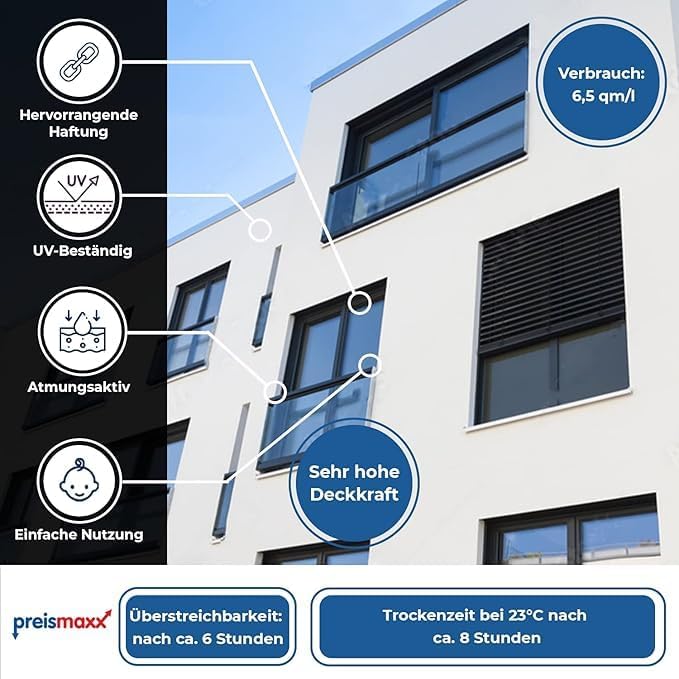 Preismaxx Silikonharz Fassadenfarbe, Cremefarben Beige 2,5 Liter, hochwertige, matte, wasserabweisen