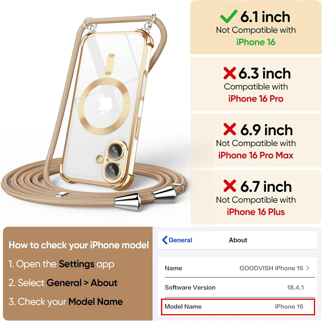 GOODVISH Handykette für iPhone 16 Hülle mit Band, mit 2 Stück Schutzfolie und Kamera Schutz, Necklac