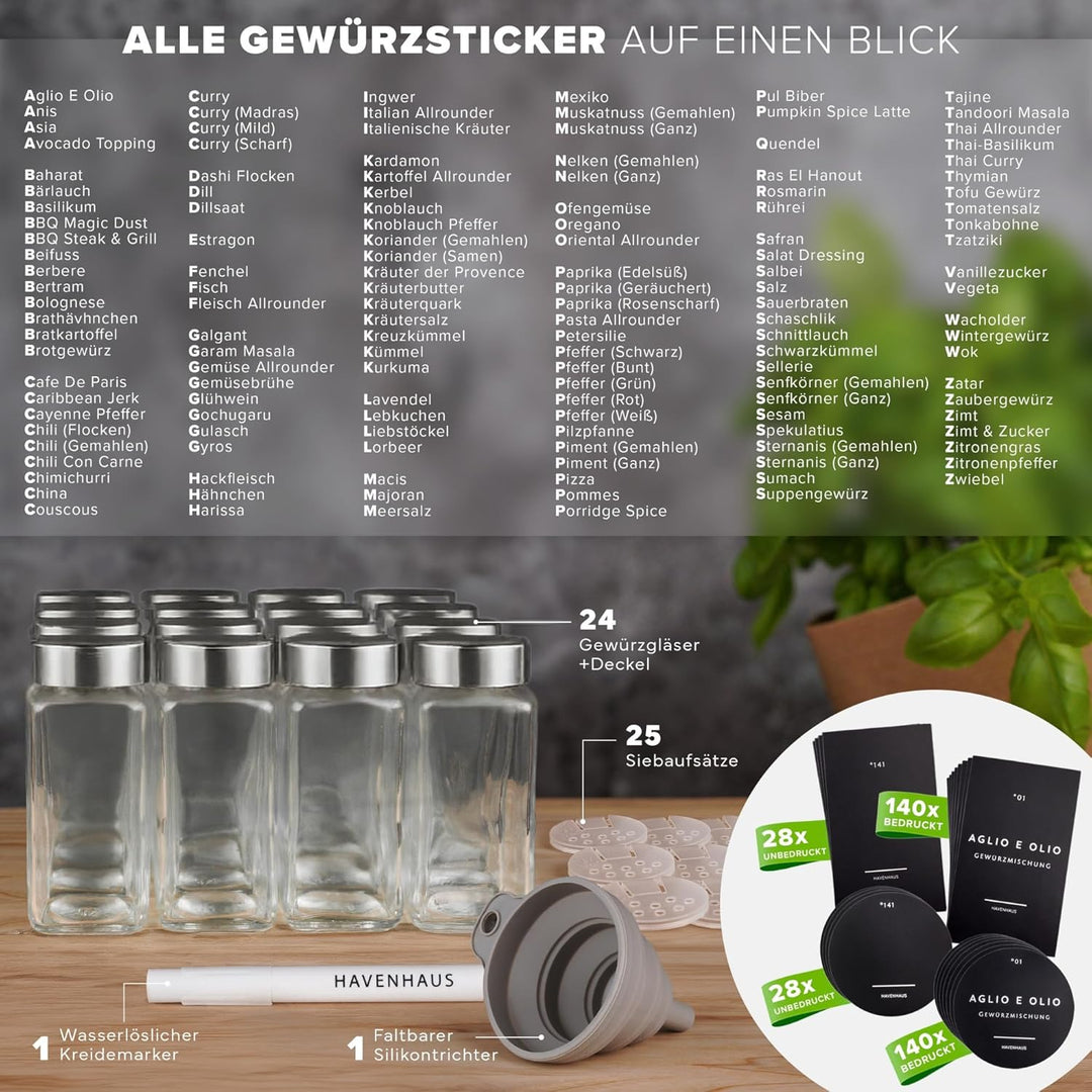 HAVENHAUS Gewürzgläser Set | hochwertiges Komplettset aus 24x Gewürz Gläser [120ml] inkl. 336 deutsc