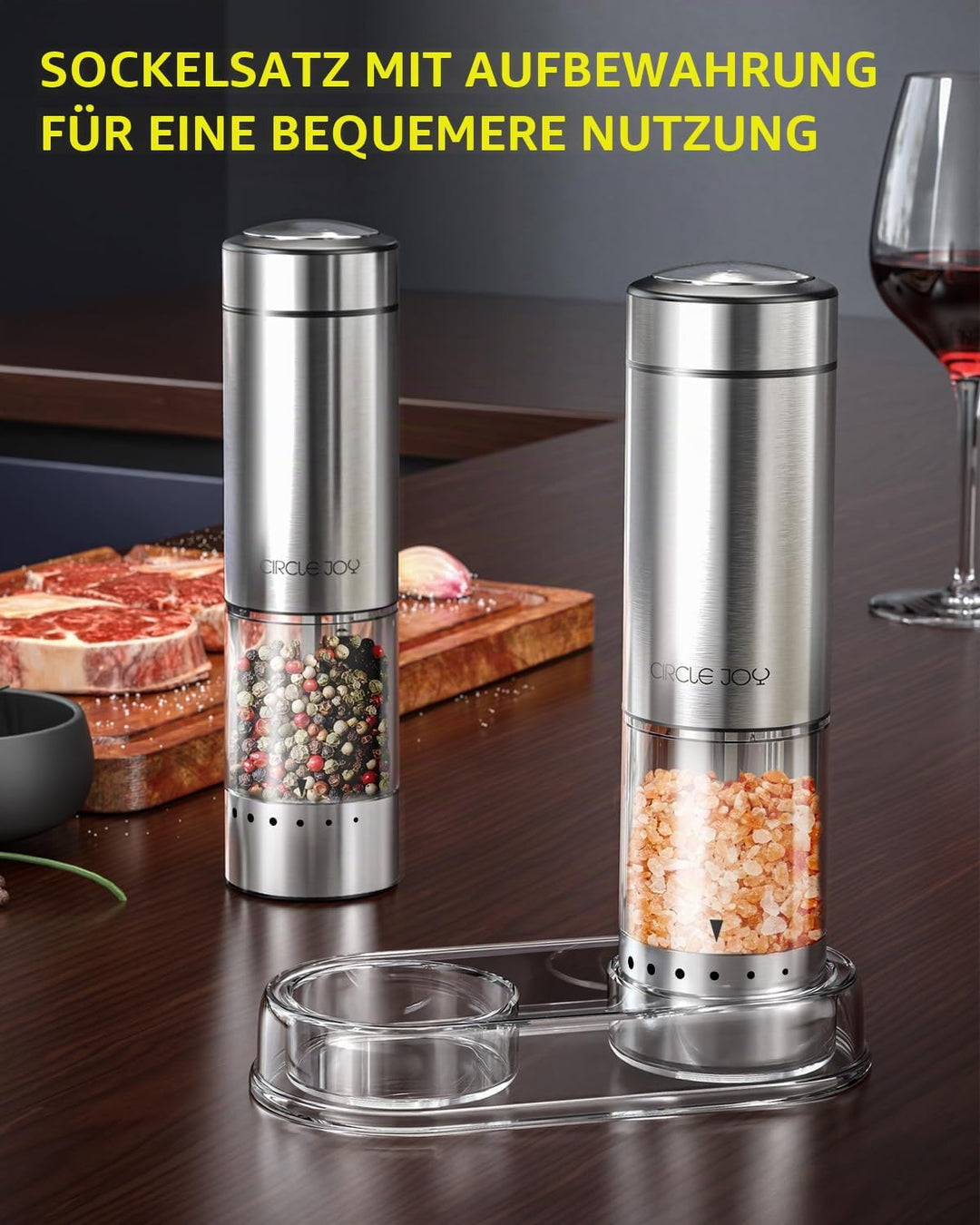 CIRCLE JOY Salz und Pfeffermühle Elektrisch Akkubetriebenes Gewürzmühlen aus Edelstahl mit Sockel, W