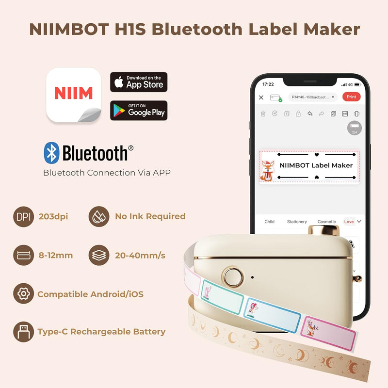 NIIMBOT H1S Bluetooth Etikettendrucker Selbstklebend,Beschriftungsgerät Handgerät Kompatibel with iO