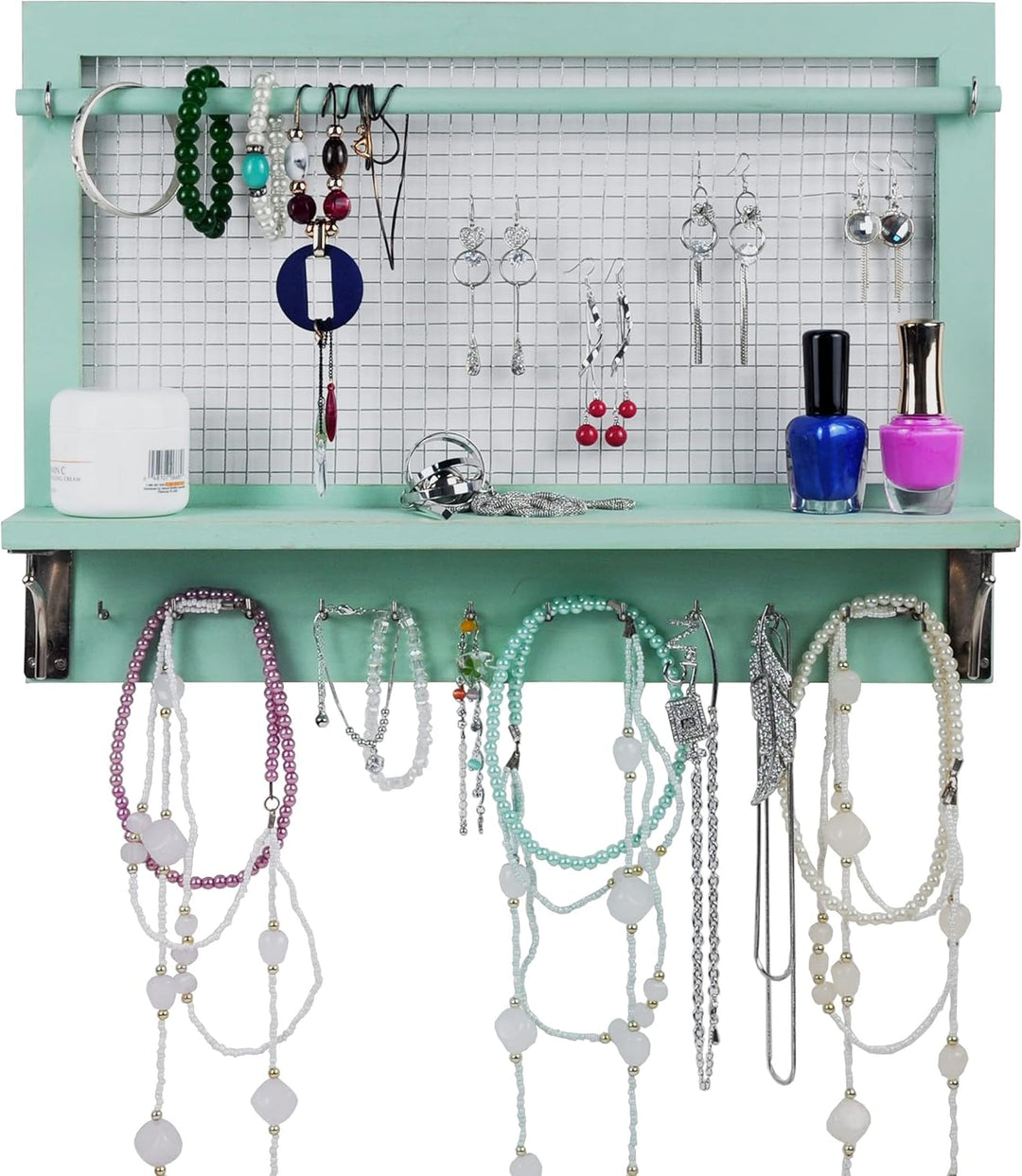 Spiretro Wandhalterung Schmuckaufbewahrung, Holz Schmuck Organizer Halter mit Haken Regal Stange Hän