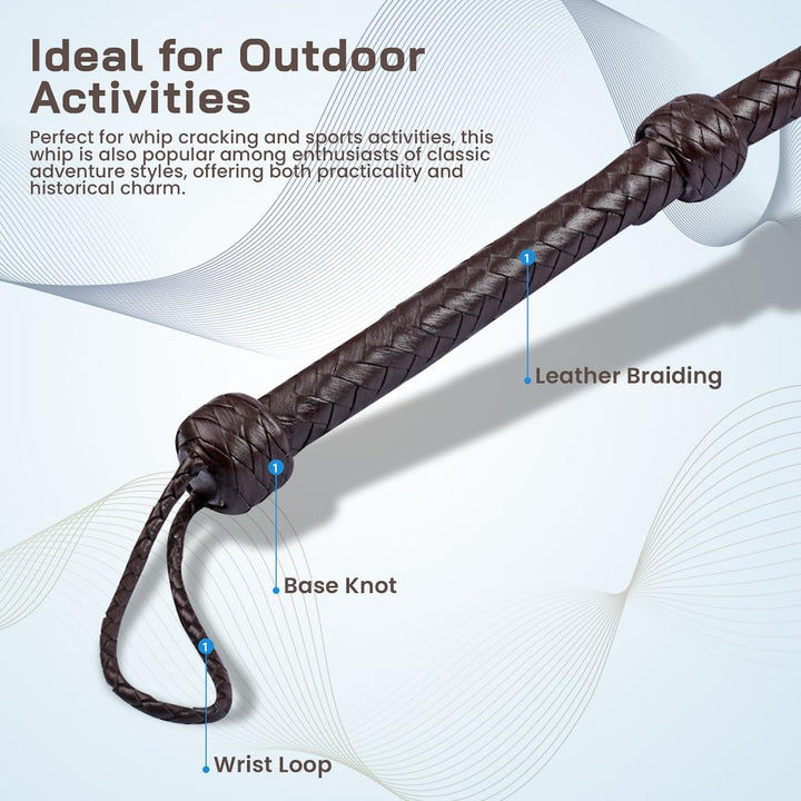 HADZAM Indiana Jones Peitsche, 3 m, 12 Zöpfe aus echtem Rindsleder, Seilkern, BullWhip, viele Farben