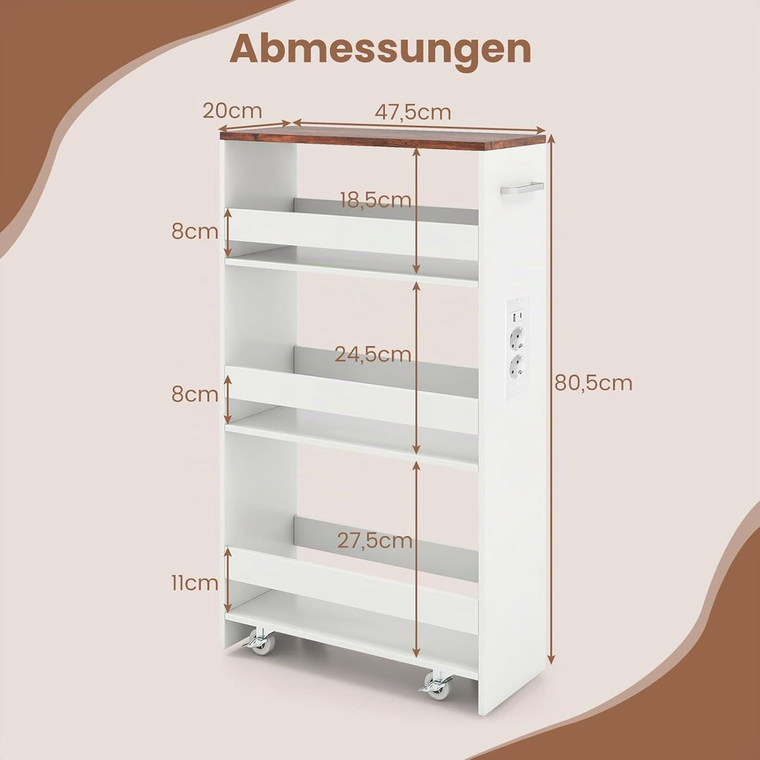 COSTWAY Nischenwagen 20cm breit, 4 Etagen Küchenwagen schmal mit Ladestation, Nischenregal auf Rolle