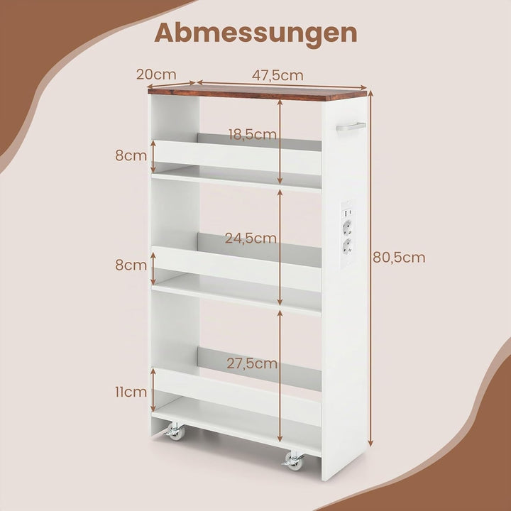 COSTWAY Nischenwagen 20cm breit, 4 Etagen Küchenwagen schmal mit Ladestation, Nischenregal auf Rolle