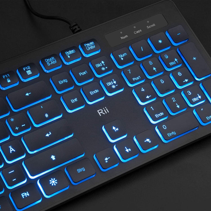 Rii Gaming Tastatur und Maus Set mit Kabel, 3 LED Hintergrundbeleuchtung QWERTZ (DE-Layout), Kabelge