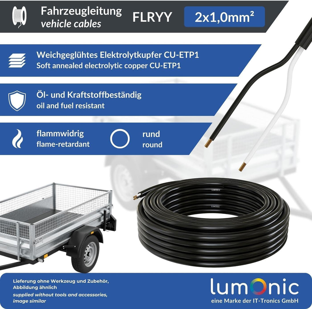 Lumonic 20m FLRYY Fahrzeugkabel 2 adrig I Fahrzeugleitung mit Kabelquerschnitt 2x 1mm² I Kabel Anhän