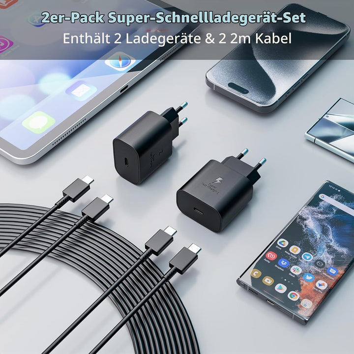 2er-Pack 25W USB C Ladegerät, Schnellladegerät Netzteil Super Fast Charger mit 2 m Ladekabel Schnell
