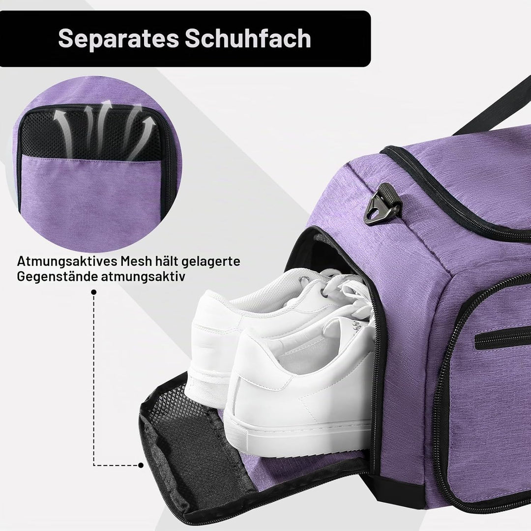 MIER Sporttasche 50L faltbar, Reisetasche mit Schuhfach, Weekender, Lila | Separates belüftetes Schu