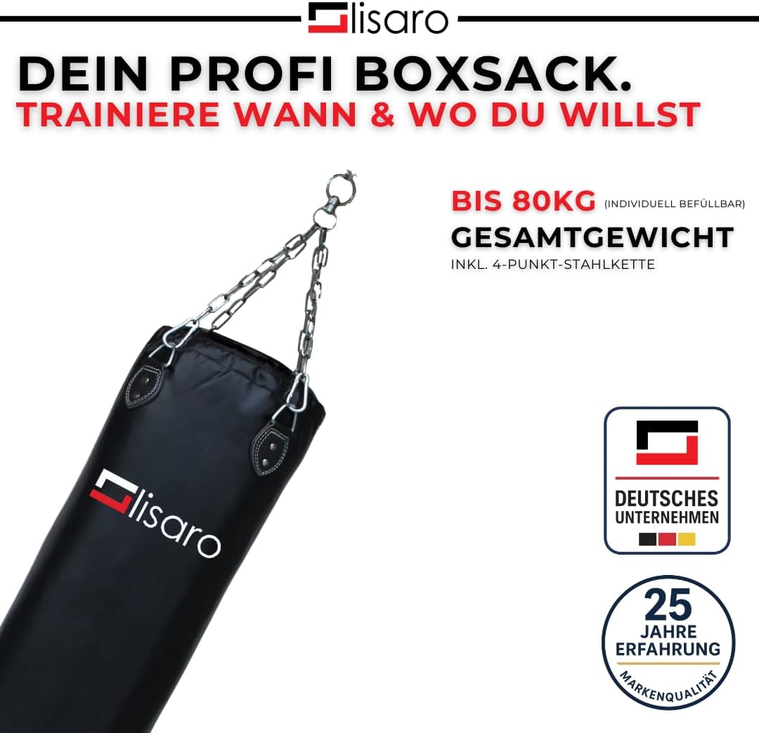 Lisaro Profi Boxsack 120/150 cm gefüllt/ungefüllt | Sandsack in Studioqualität für Boxen, Kickboxen