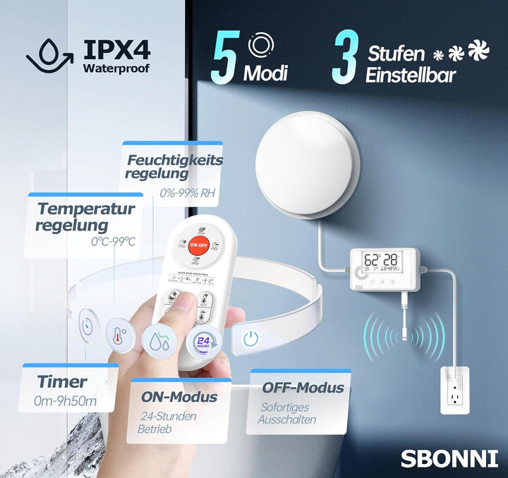 3 Stufen Bad Lüfter mit Feuchtigkeitssensor Temperatursensor Timer, Badlüfter 100mm mit Fernbedienun