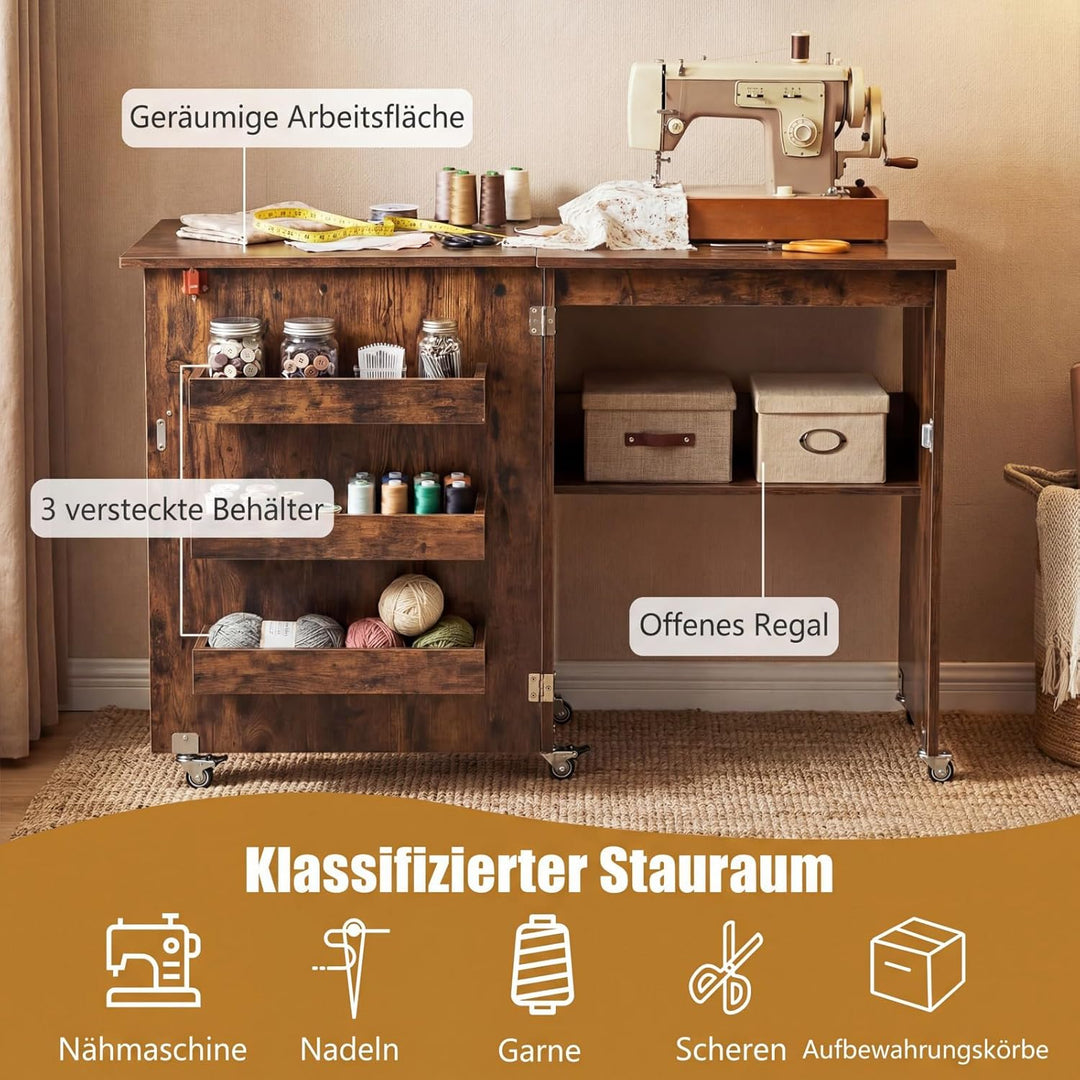 GIANTEX Nähtisch klappbar, Nähmaschinentisch auf Rollen, Nähtisch für Nähmaschine, Nähschrank Holz,