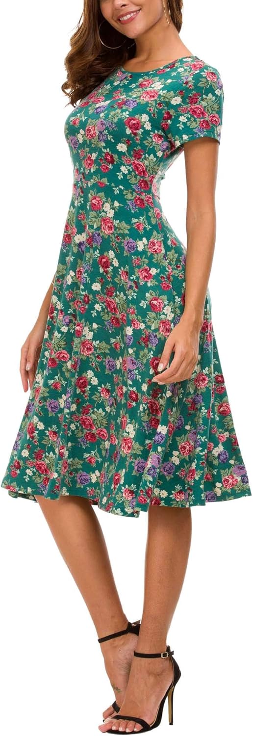 EXCHIC Damen Freizeit Rundhals A-Linie Kurzarm Midi Kleid Elegant Blumen Sommer Knielang Kleider M 1