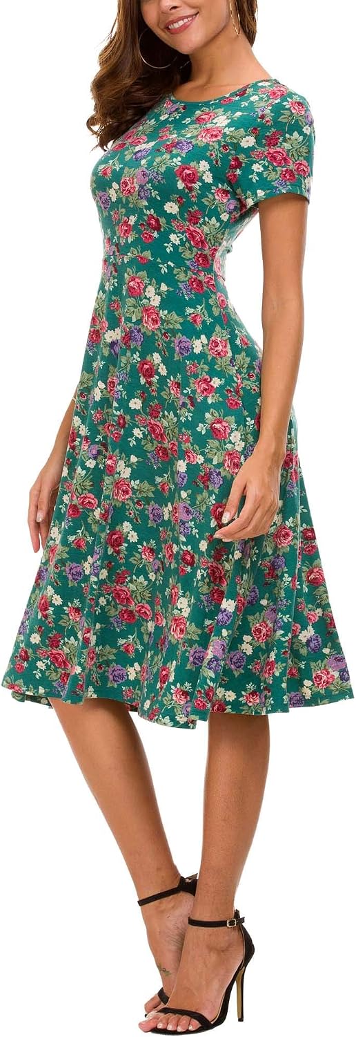EXCHIC Damen Freizeit Rundhals A-Linie Kurzarm Midi Kleid Elegant Blumen Sommer Knielang Kleider L 1
