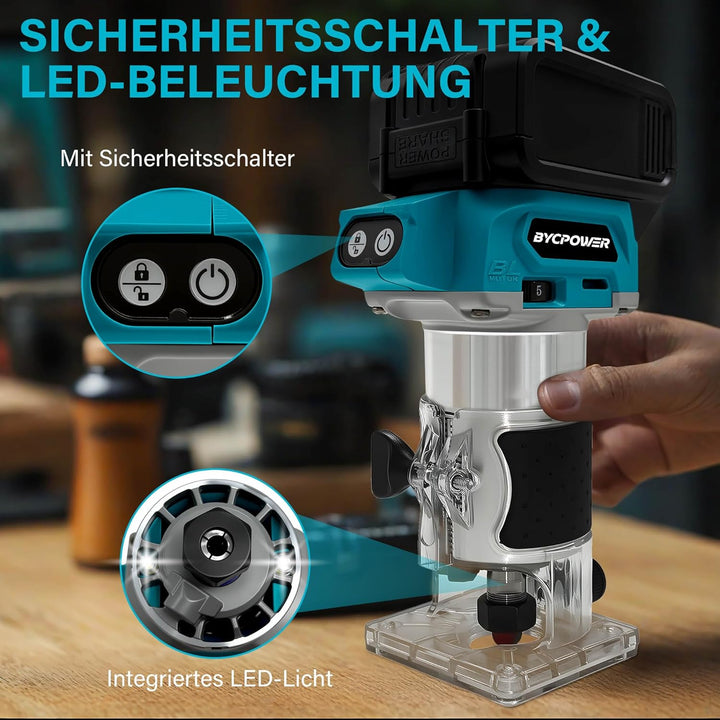 Akku Oberfräse für Makita 18V Akku, 800W Akku-Kantenfräse Set mit 6 Geschwindigkeit, 30000 U/min Bür