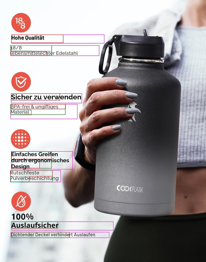 Coolflask Isolierte Wasserflasche 2L mit Strohhalm & 3 Deckeln, Isolierte Wasserflasche aus Edelstah