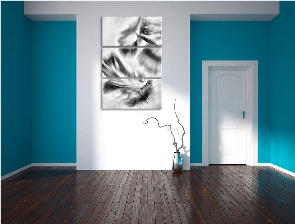Pixxprint Weisse Feder auf schwarzem Stein als Leinwandbild/Grösse: 3 Teilig (120x80) cm/Wandbild/Ku