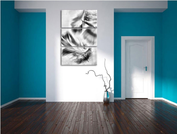Pixxprint Weisse Feder auf schwarzem Stein als Leinwandbild/Grösse: 3 Teilig (120x80) cm/Wandbild/Ku