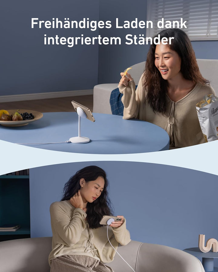 Anker MagGo kabellose Ladestation, 15W Qi2 für MagSafe, Ständer mit USB-C Kabel, Magnetisches Ladege