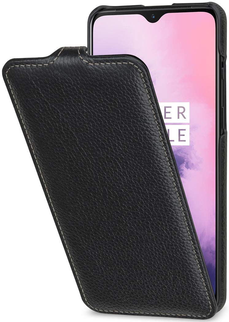 STILGUT Hülle geeignet für OnePlus 7 Lederhülle vertikales Flip-Case, schwarz, schwarz