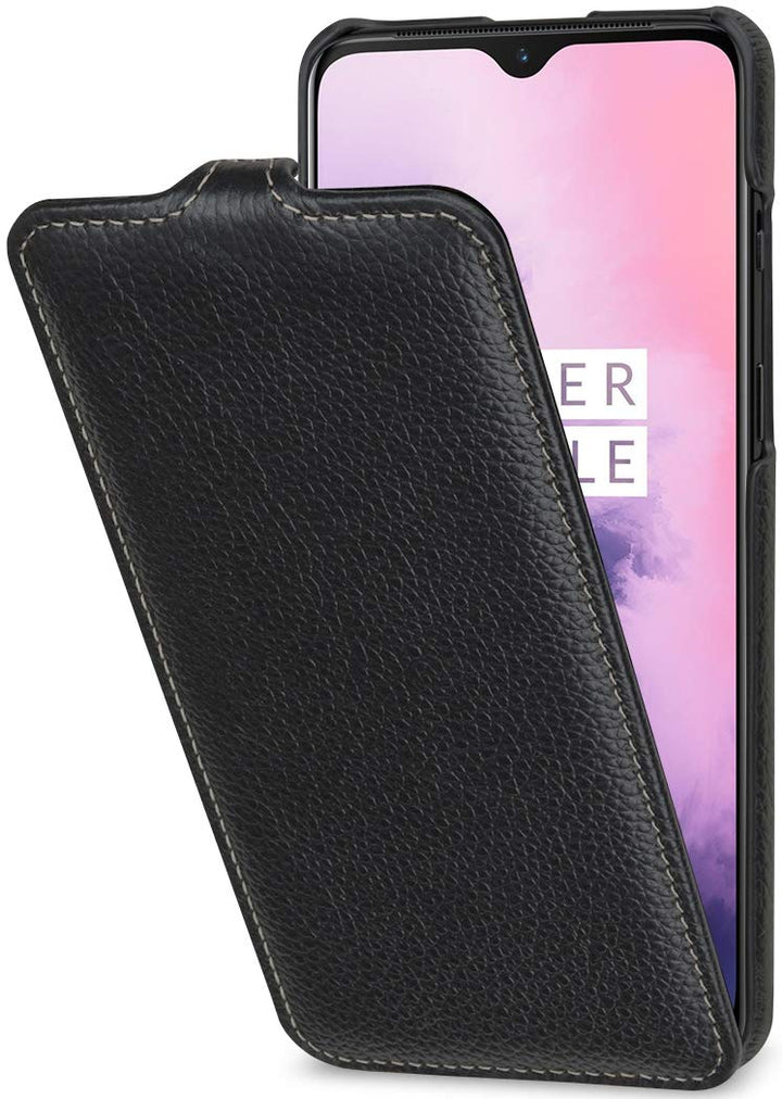 STILGUT Hülle geeignet für OnePlus 7 Lederhülle vertikales Flip-Case, schwarz, schwarz