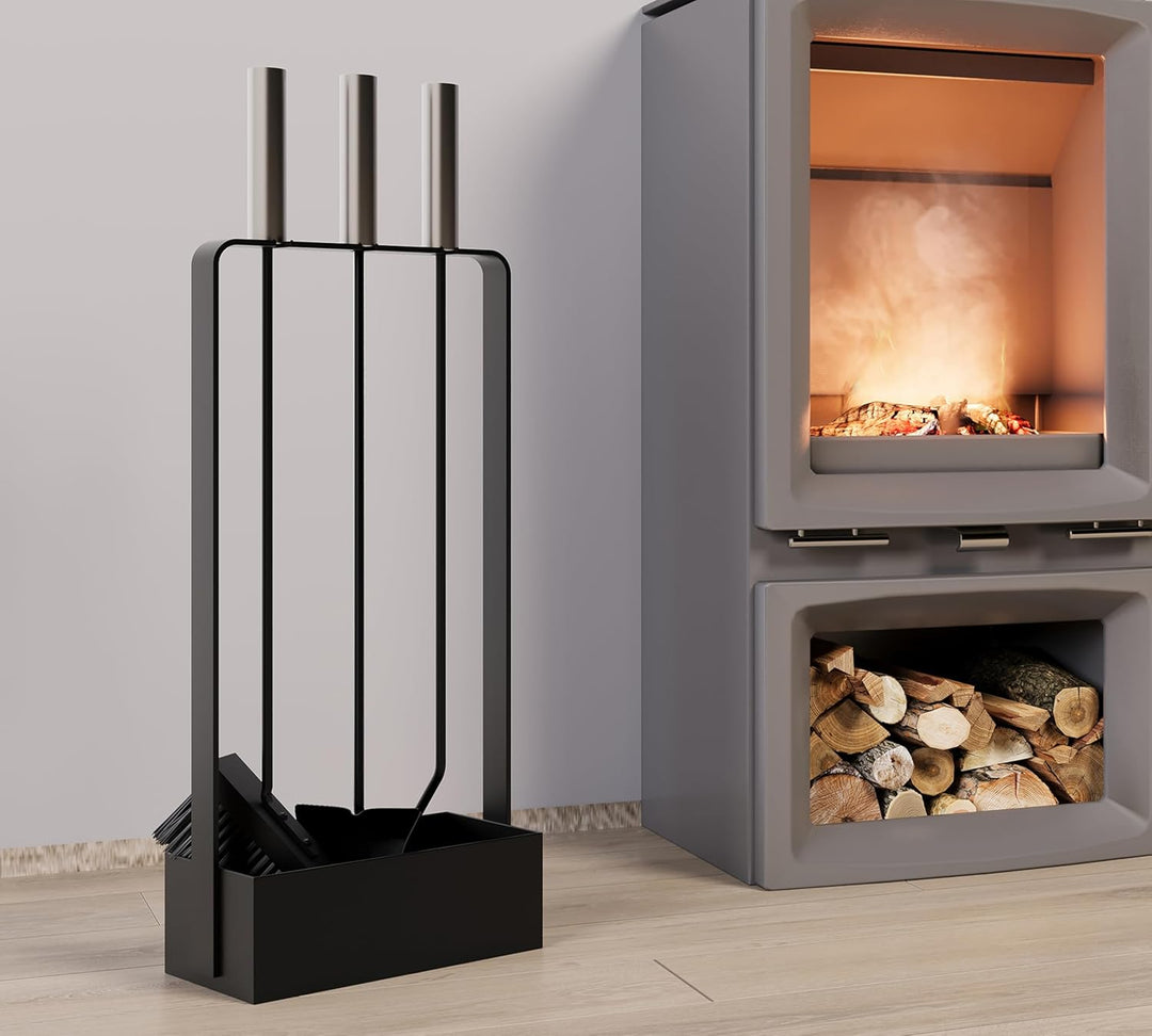 Kingson Kaminbesteck mit Edelstahlgriffen - 3 Werkzeuge - 53cm - schwarz pulverbeschichtet Ständer