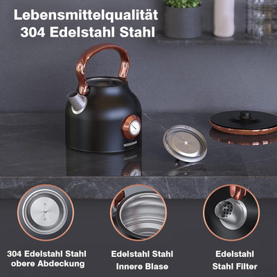 NESSGRAIM Retro Wasserkocher, 1,7 l Edelstahl-Teekessel mit Grosser Temperaturanzeige, 2200W Schnell