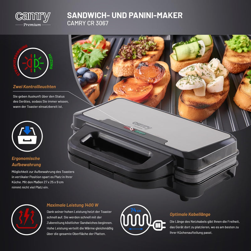 Camry - sandwichmaker und panini grill in einem - 2 in 1 - schwarz sandwichtoaster klein - sandwich-