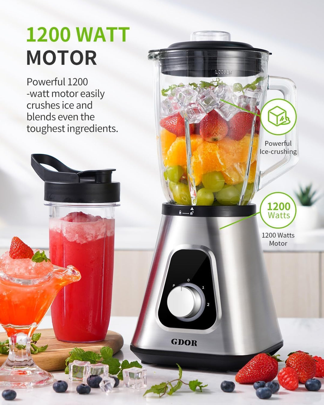 GDOR 1200W Smoothie Maker 2-1 Standmixer Glas mit 1,5L Glaskrug und 650ml Reisebecher 3 Geschwindigk