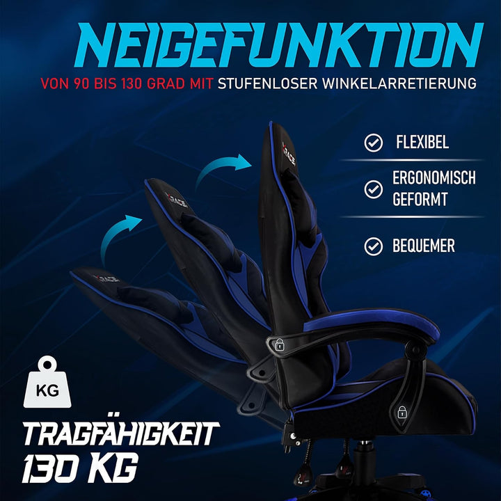 xRace Gaming Stuhl, ergonomischer Bürostuhl, PU-Leder, Lendenstütze Blau | Ergonomischer PC Stuhl mi