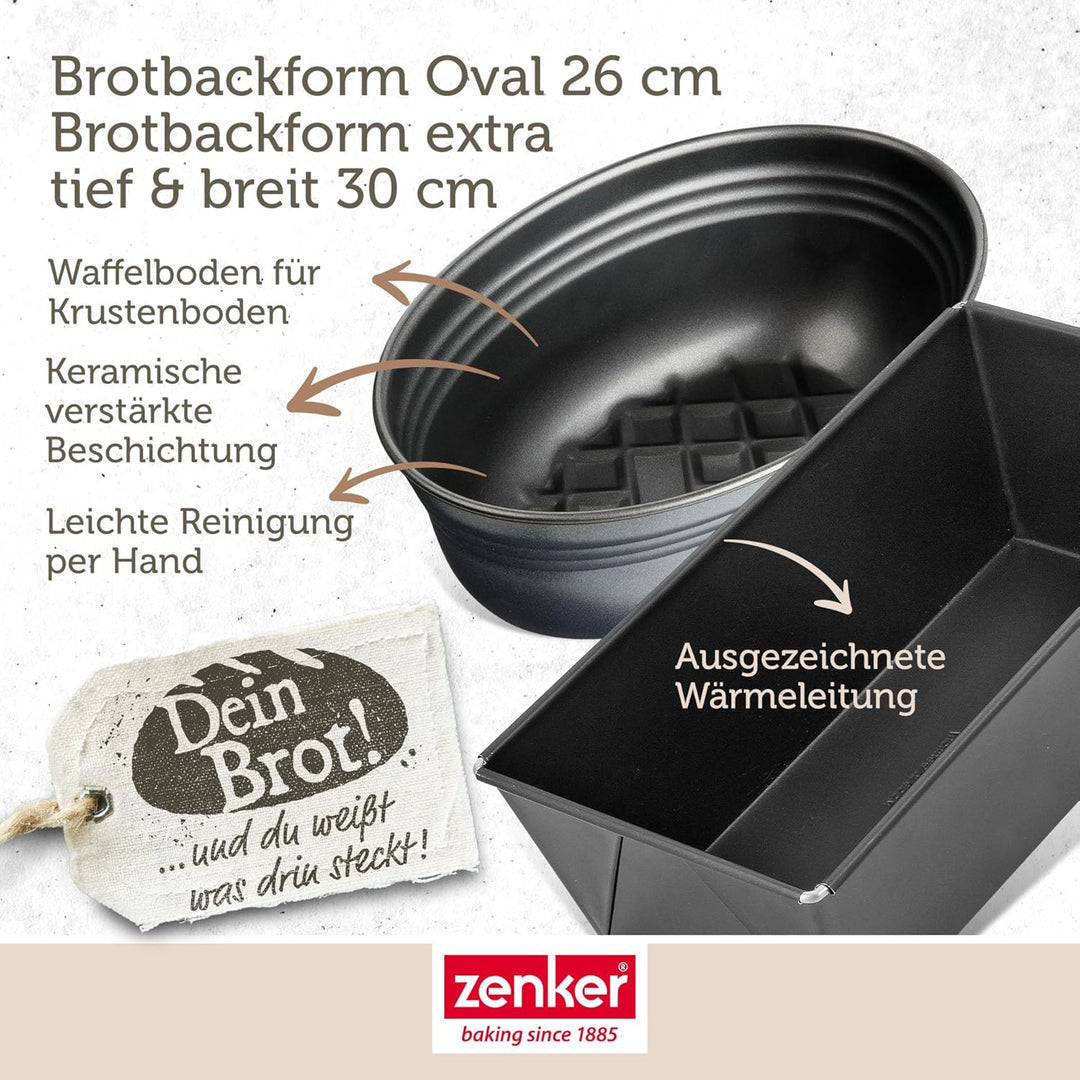 Zenker Brotbackform 2er Set - Schwarze Stahlblech Brotbackform Oval und Rechteckig, Für knuspriges B