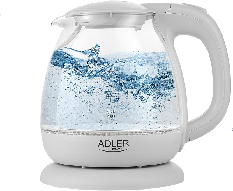 adler AD 1238 Elektrischer Wasserkocher aus Glas, klein, 1 l, 1100 W, LED-Beleuchtung, 1100 W, 1 Lit