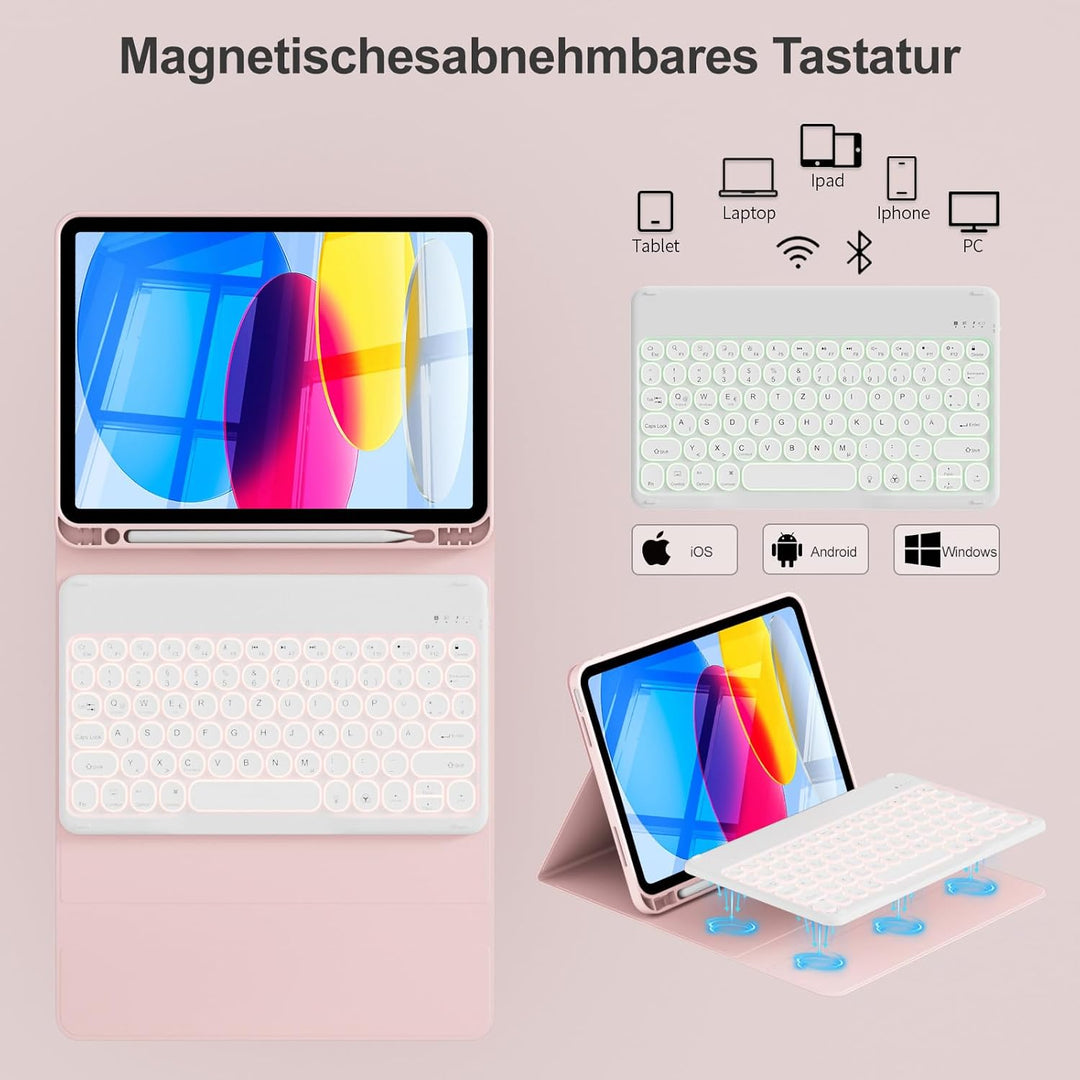 ZOPSGYU Hülle mit Tastatur für iPad A16 11. /10. Generation (2025/2022, 11/10,9 Zoll), Farben Beleuc