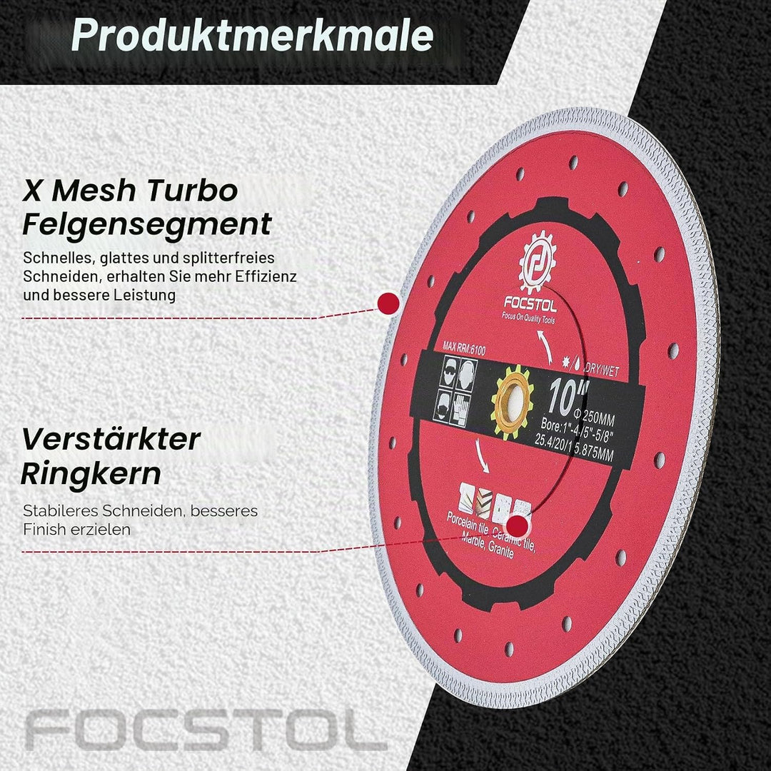 FOCSTOL Diamant Trennscheibe - 250mm Fliesentrennscheibe für Porzellan Keramikfliesen Marmor Granit