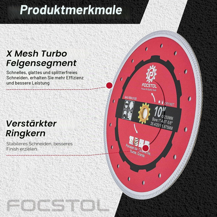 FOCSTOL Diamant Trennscheibe - 250mm Fliesentrennscheibe für Porzellan Keramikfliesen Marmor Granit