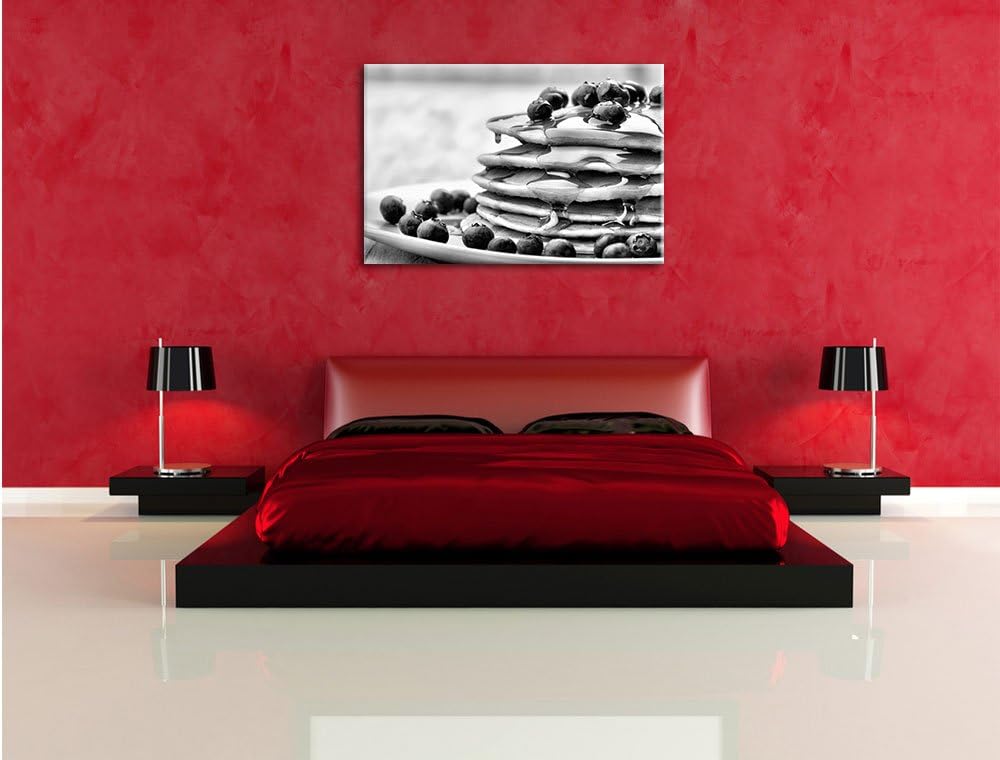 Pixxprint Monocrome, Pancakes mit Sirup und Blaubeeren, Format: 100x70 auf Leinwand, riesige Bilder