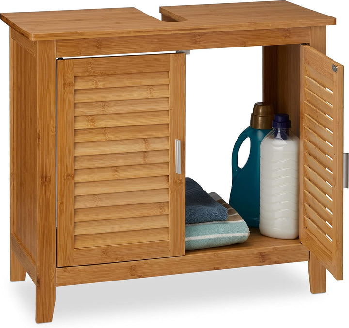 Relaxdays Waschbeckenunterschrank LAMELL, 2 Türen, Waschbecken & Waschtisch, Bambus & MDF, HBT: 60 x