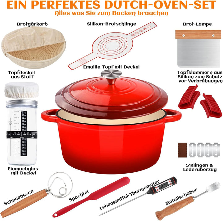 NZQXJXZ Gusseisen Topf Brot Backen, 26cm Emaille Schmortopf mit Deckel Brotbackform mit Banneton Bro