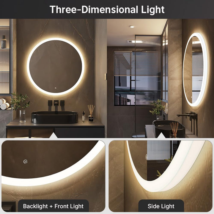 70cm Round led Bathroom Mirror with Lights 3D Backlit Mirror 3 Color Temperatures Anti-Fog Adjustabl