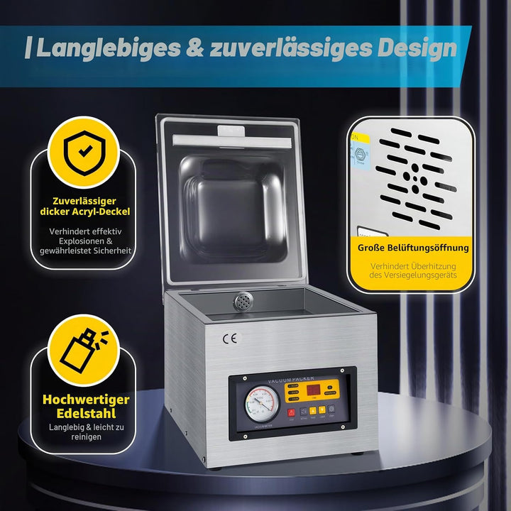3-in-1 Kammervakuumierer, Vakuumiergerät Profi, Kommerzielles Tisch Vakuumiergerät Edelstahl, Vakuum