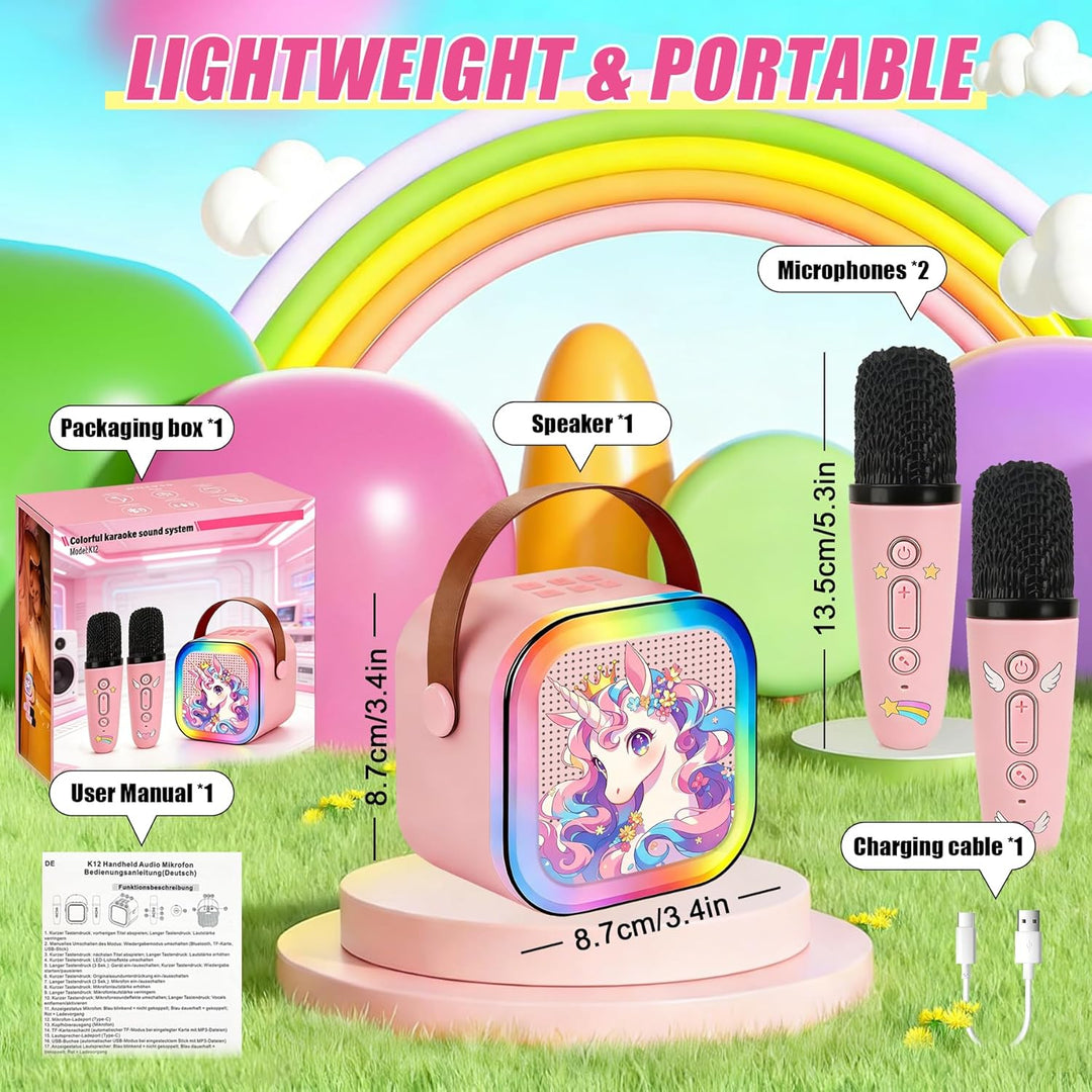 Karaoke Maschine Kinder Mit 2 Mikrofonen, Tragbarer Wiederaufladbar Bluetooth, Bunte LED Lichter, AU