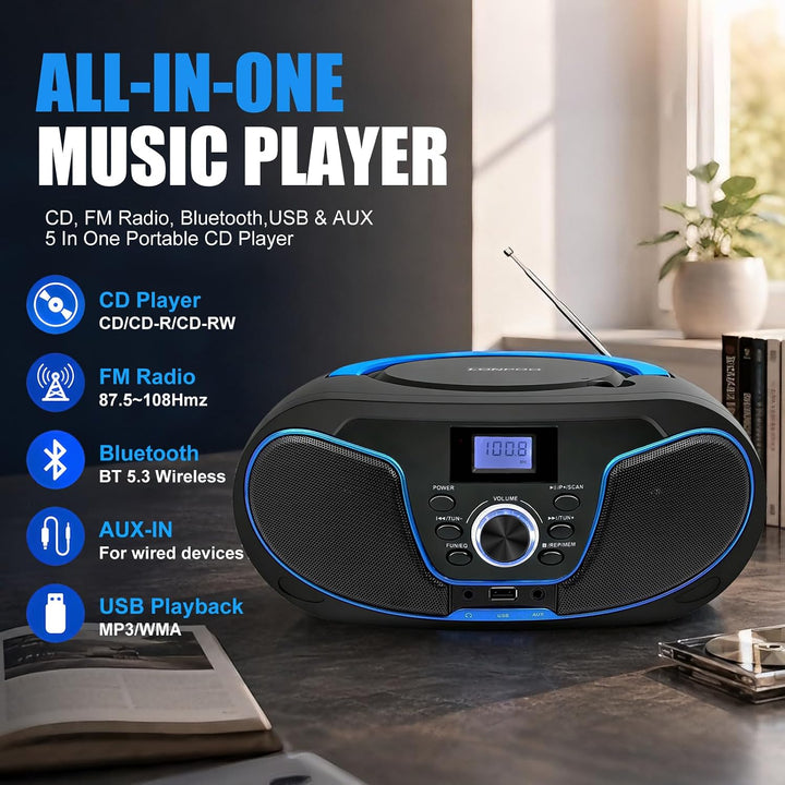 Tragbar CD Player Boombox Bluetooth - mit UKW Radio, USB Eingang &amp; AUX &amp; Kopfhörern Ports, 2 x 2 Wat