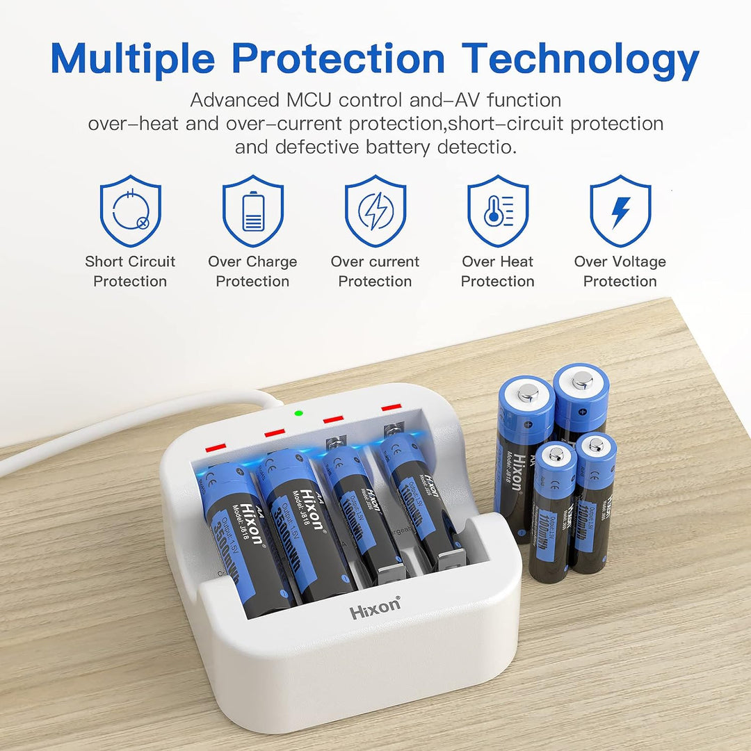 Hixon Akku AA AAA 1,5V Wiederaufladbare Lithium Batterien, Set mit 4 Stücke AA Lithium Akku und 4 St
