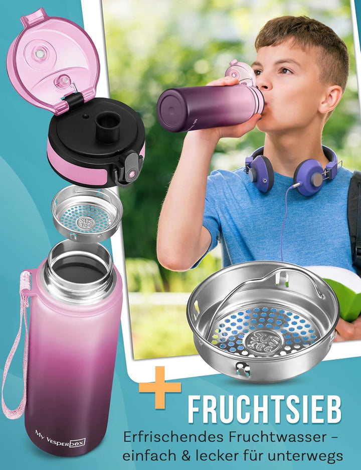 MY VESPERBOX® Edelstahl Thermosflasche Kinder [INK. STROHHALM & SIEB] - Isolierflasche für Jungen &